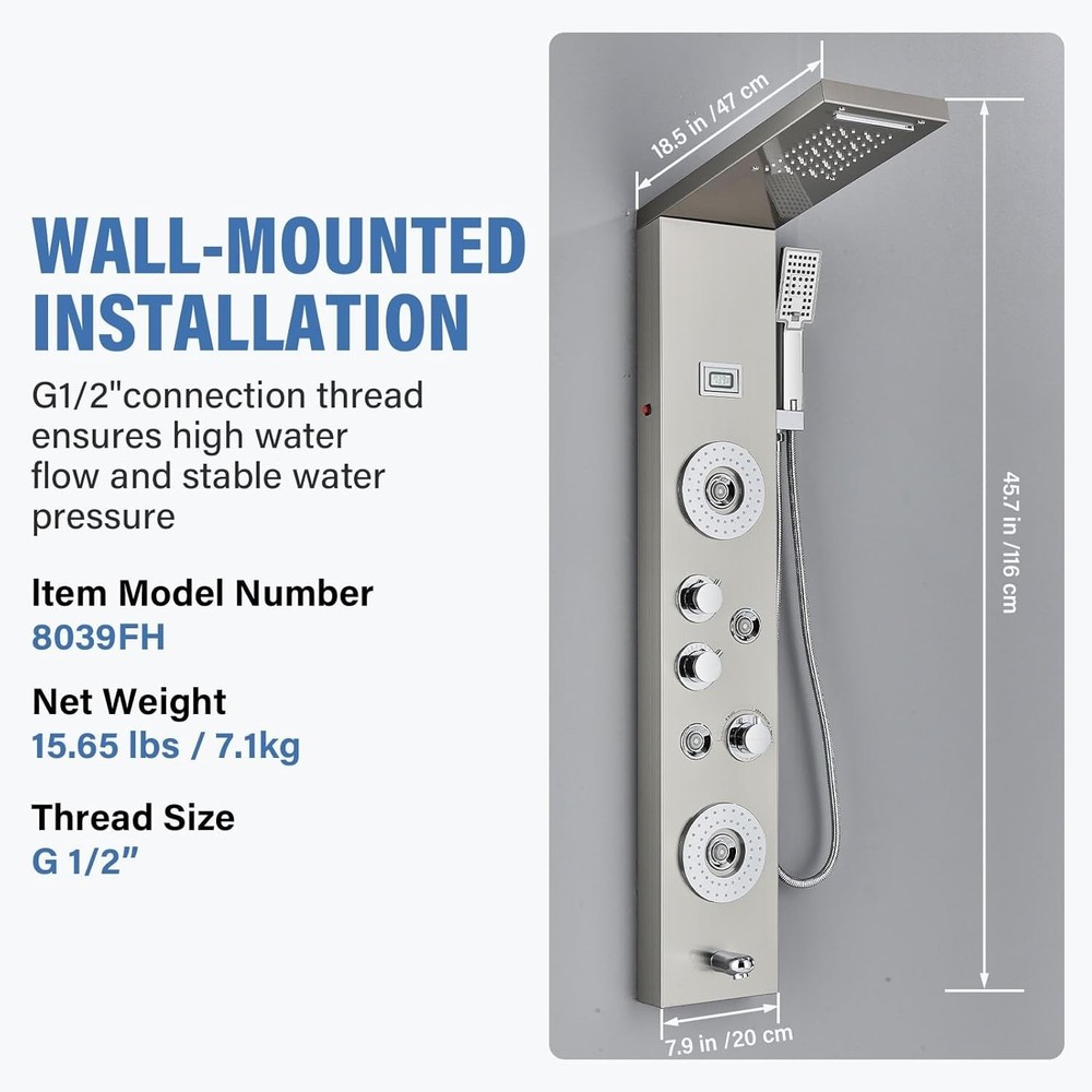 Stainless Steel 6-Function Shower Tower with Handheld & Temperature Display