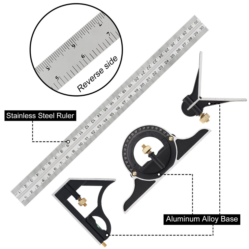 12" Adjustable Sliding Combination Square Ruler & Protractor Level Measure Me...