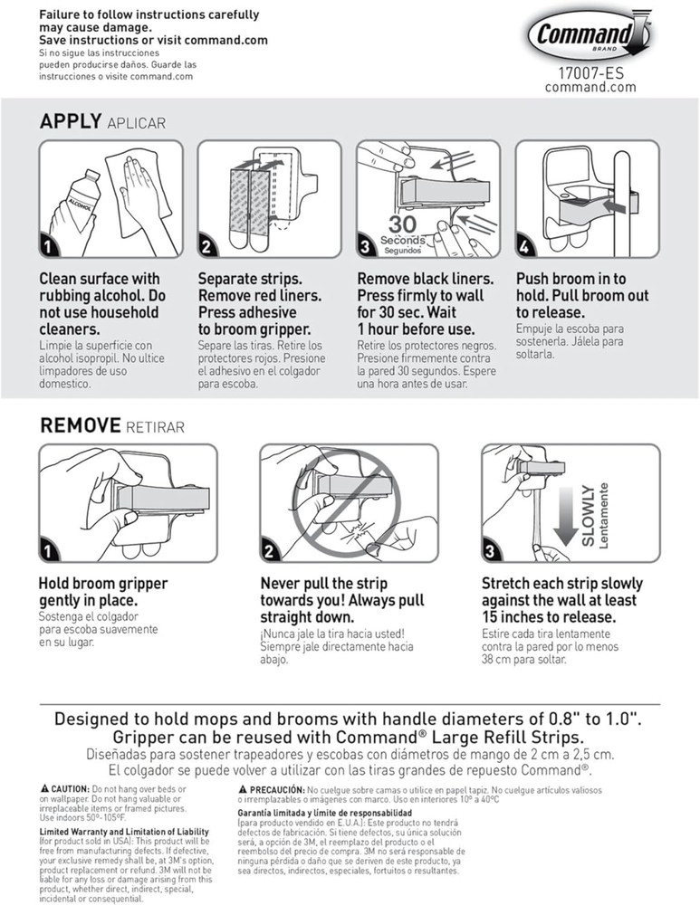 Command Broom and Mop Gripper, 3-Pack for Damage-Free Organization