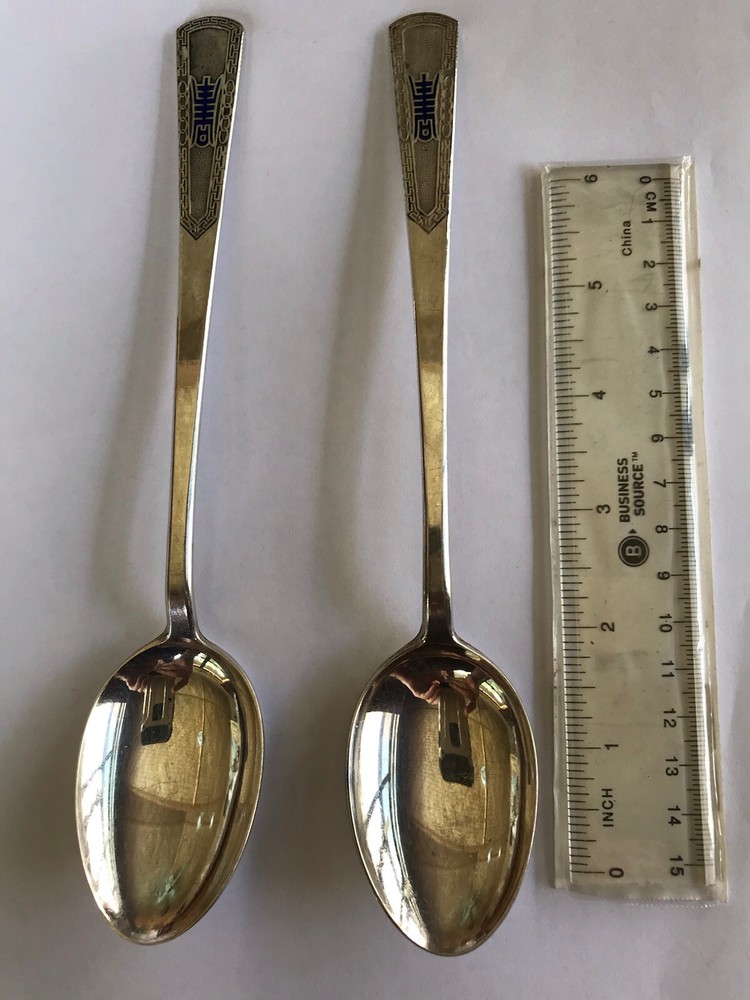 2 Vintage Solid Silver Korean Serving Spoons , Enameled Good Fortune, Hallmarked