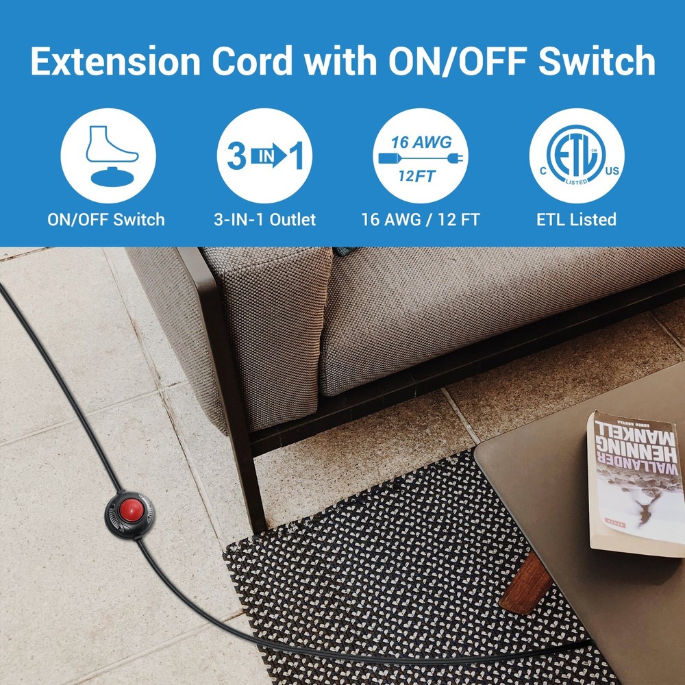 DEWENWILS 12 FT Extension Cord with Multiple Outlets ON/Off Switch Flat Plug