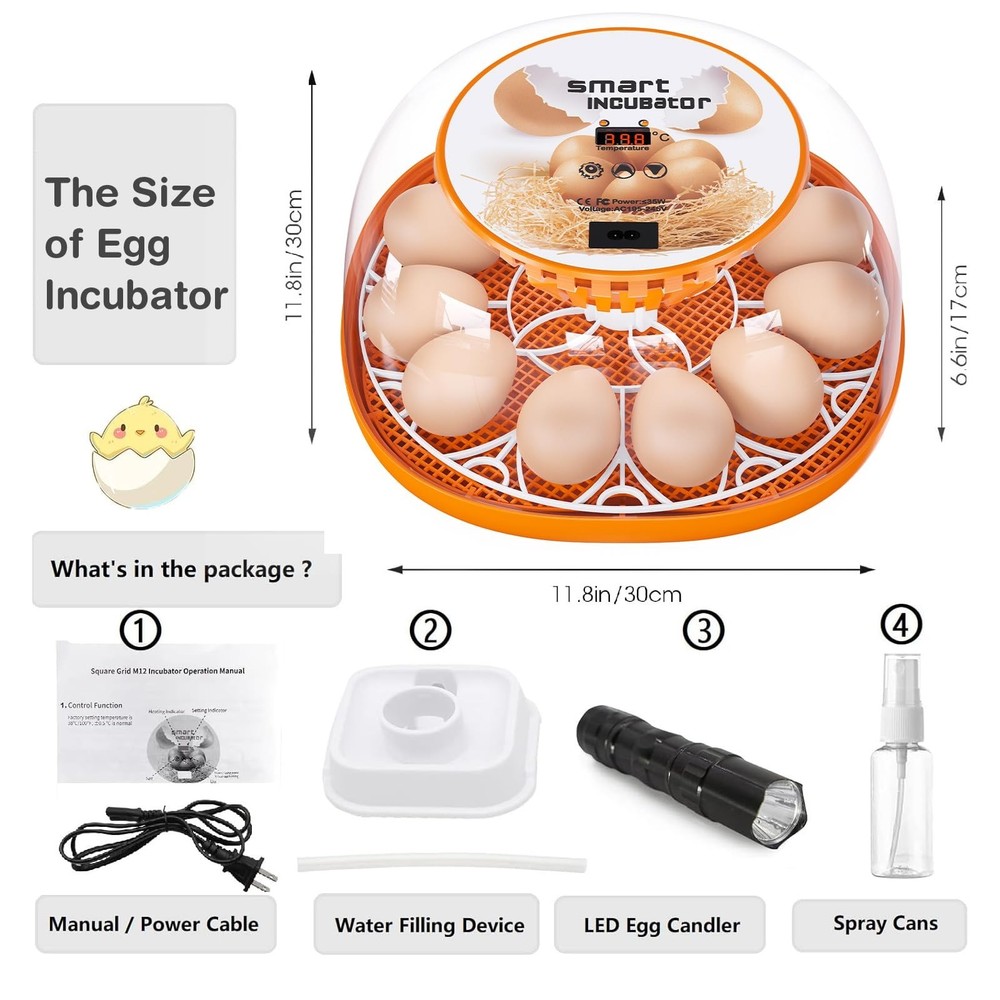12 Egg Incubator with Automatic Egg Turning and Temperature Control, Automati...