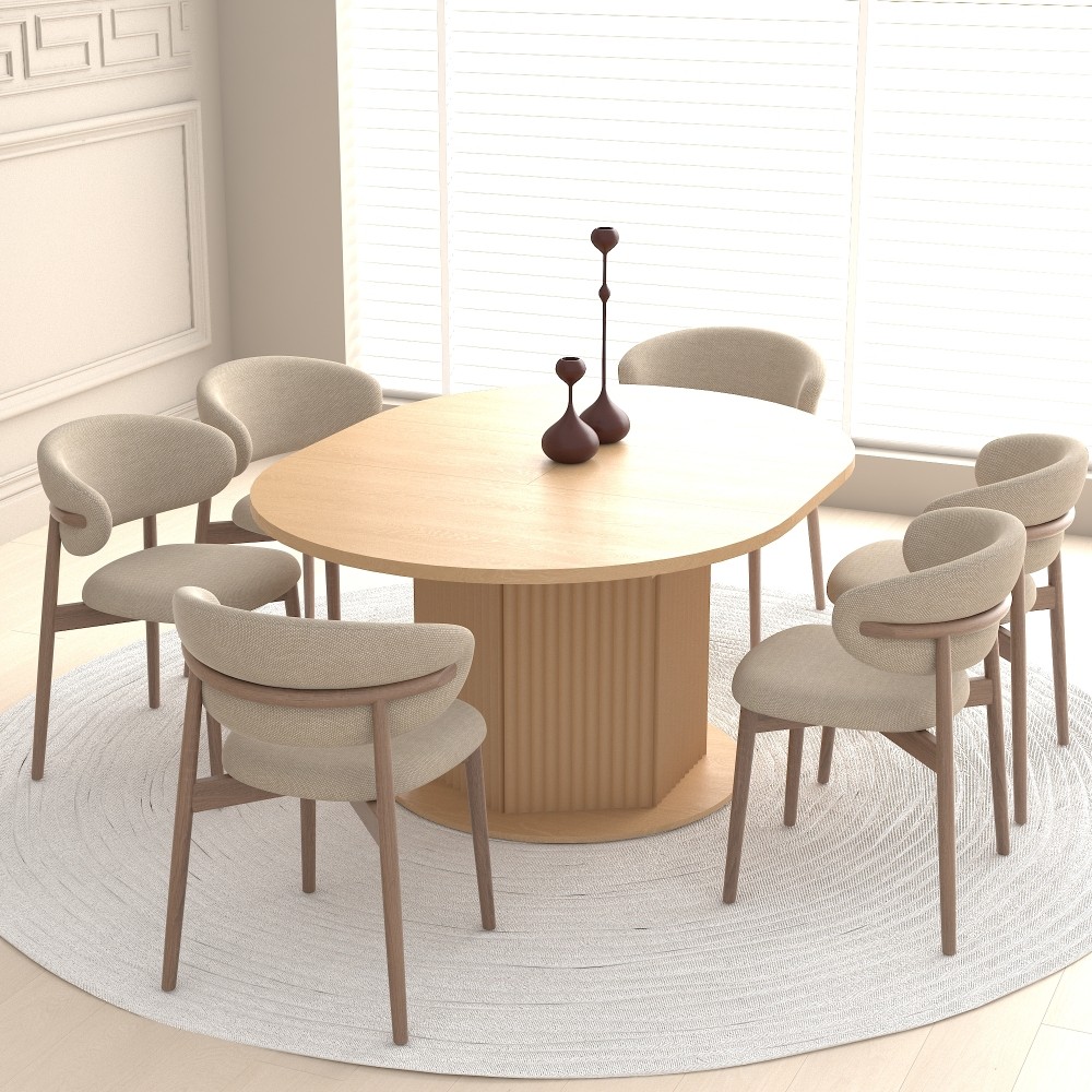 Round Extendable Dining Table for 6 MDF Wooden Kitchen Table with Hexagonal