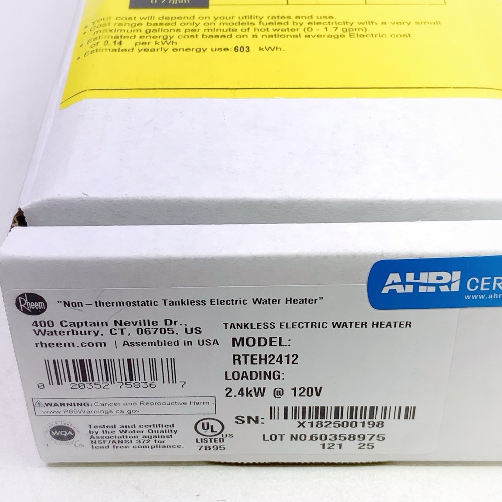 Rheem RTEH2412 2.4kW 120V Non-Thermostatic Tankless Water Heater Commercial NEW