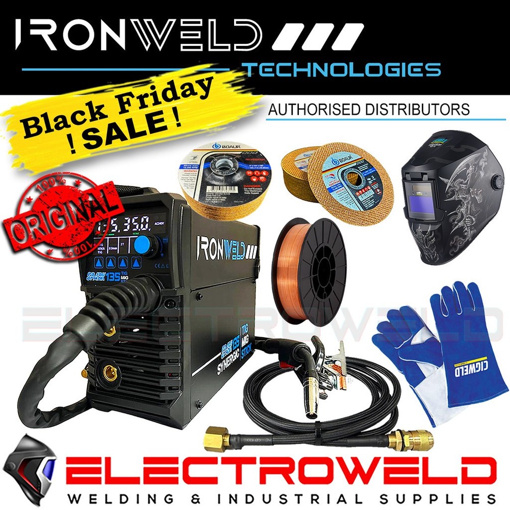 IRONWELD Spark 135 Mig Tig Stick Welder Bundle + Helmet + Gloves + Wire + Discs