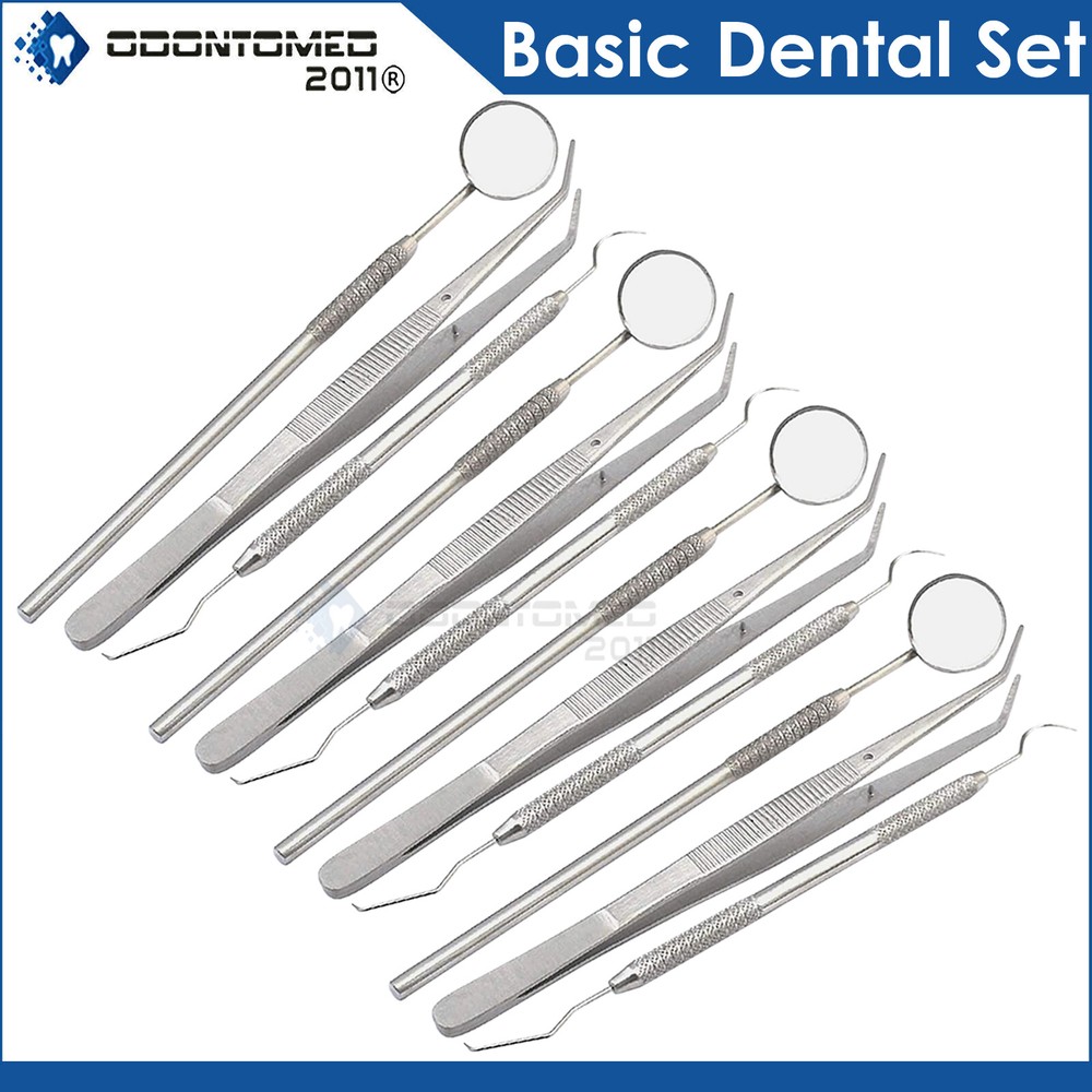 4 GERMAN BASIC DENTAL SETS- EXPLORER PROBE+DENTAL MIRROR+COLLEGE COTTON PLIER