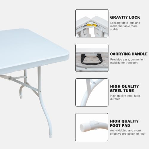 6 ft Folding Table with Handle, Heavy Duty Plastic Portable Table, Waterproof...
