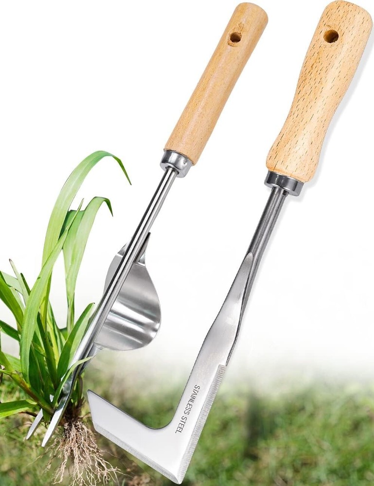 Sharp Stainless Steel Weeder Tools - L-Shape and Fork for Quick Weed Removal