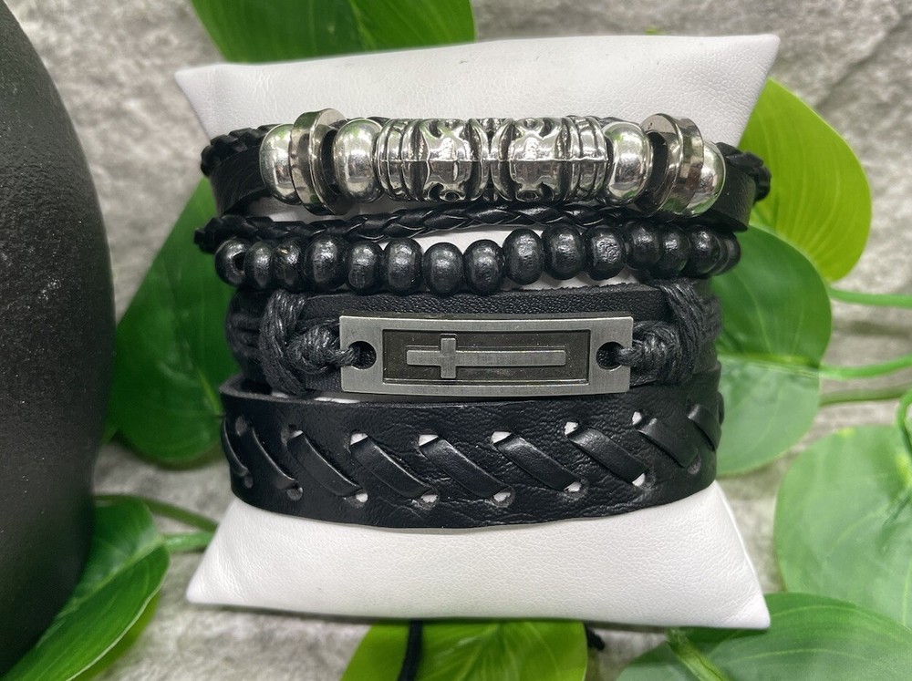4 PC Leather Punk Bracelet Stackable Adjustable Tie New Free Ship B2776