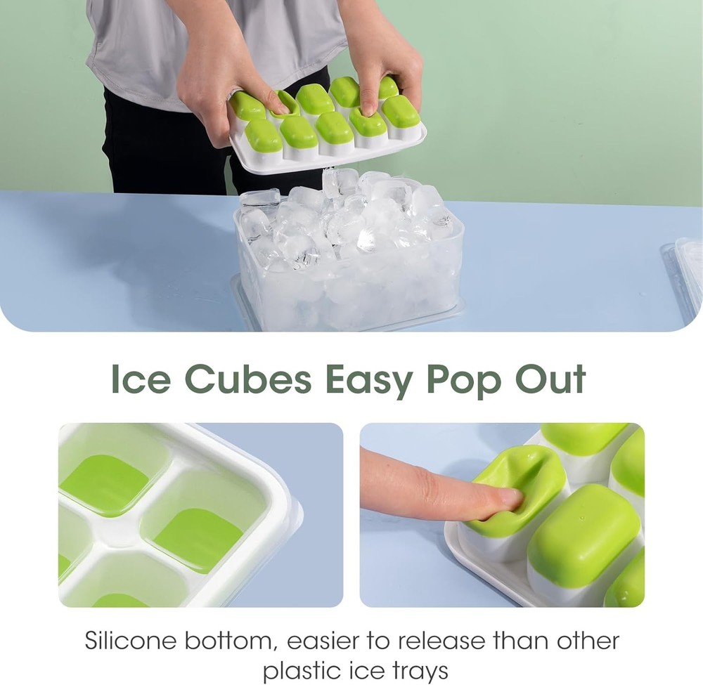 Stackable Ice Cube Tray Set with Lid and Bin - 4 Pack Silicone Trays, Storage