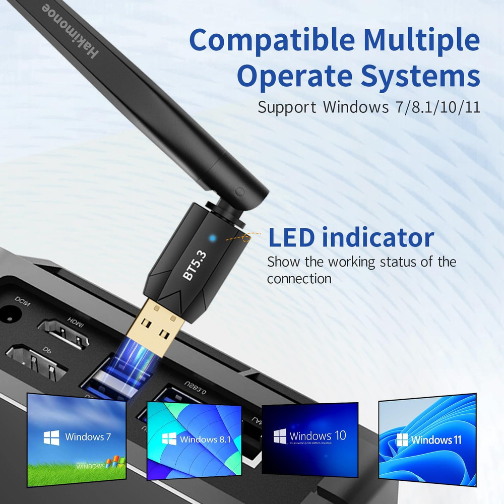Long Range USB Bluetooth 5.3 Adapter for PC, Wireless Dongle Enhanced Antenna fo