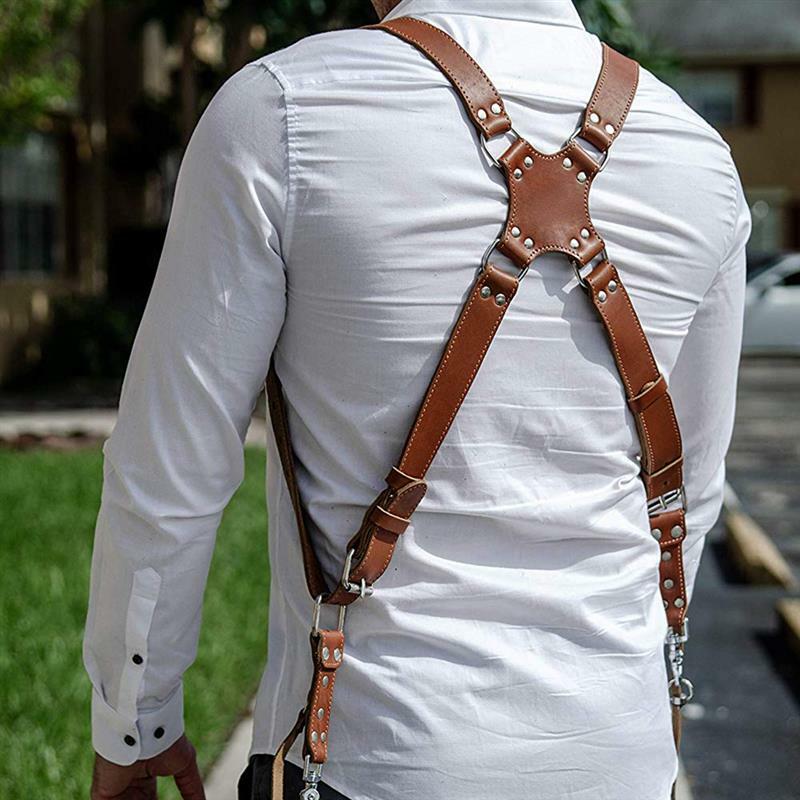 Leather Dual Camera Strap Harness QR Multi Gear Camera Shoulder Adjustable Belt