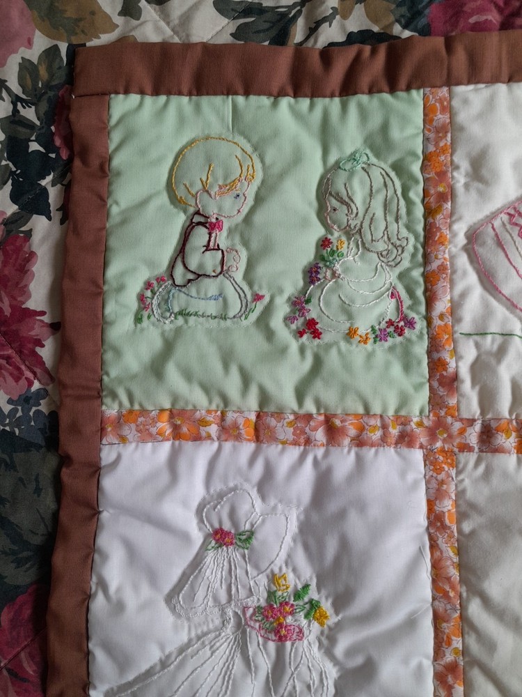 Vintage Handmade Embroidered Patchwork Crib Cot Pram Cover