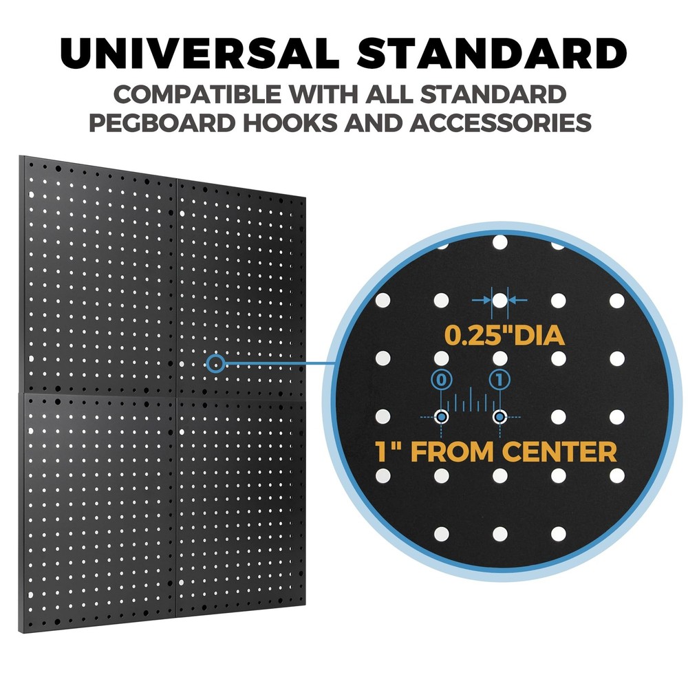 Heavy Duty 4-Panel Pegboard Wall Organizer & 32 Peg Hooks - Four Black Metal ...