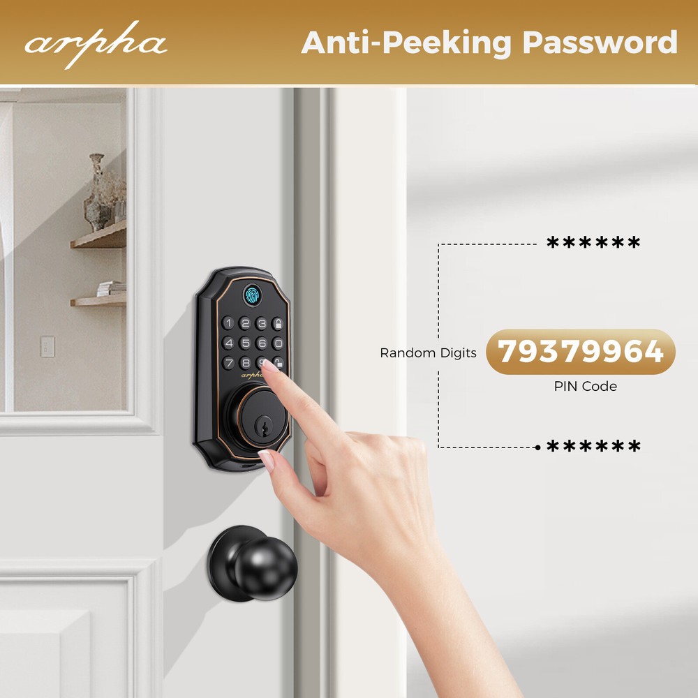 ARPHA Keyless Fingerprint Smart Door Lock Auto Lock Deadbolt APP+Handle Keypad
