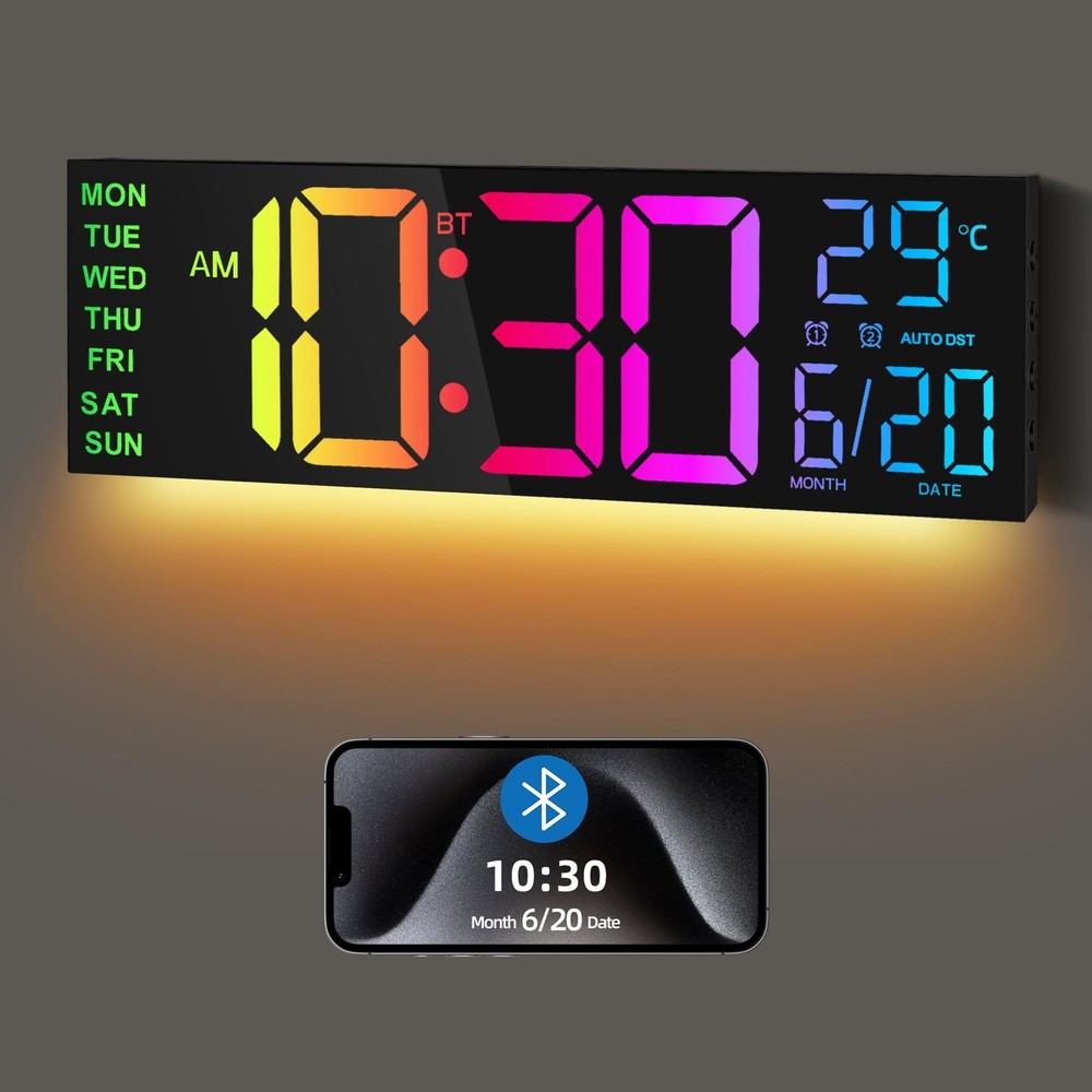 Maxstar 16.2'' Large Digital Wall Clock with Bluetooth Auto Sync, Remote Cont...
