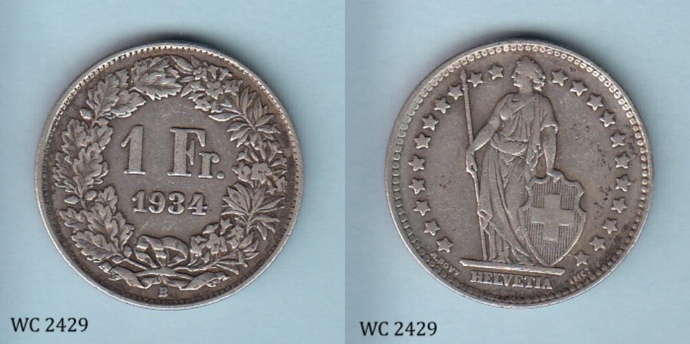 Switzerland 1 Franc 1934 Silver Coin