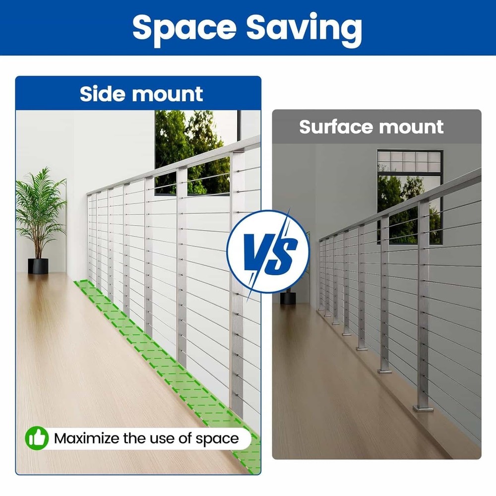 42" Side Mount Cable Railing Post Level Drilled Space-Saving Brushed Stainless