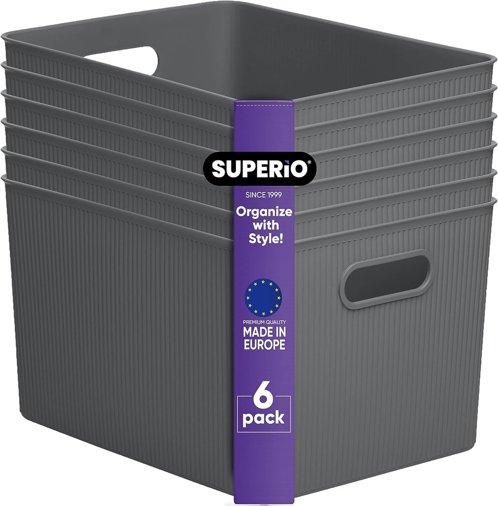 Superio 22L Large Ribbed Storage Bin- Plastic Storage Bin  (6 Pack, Grey)