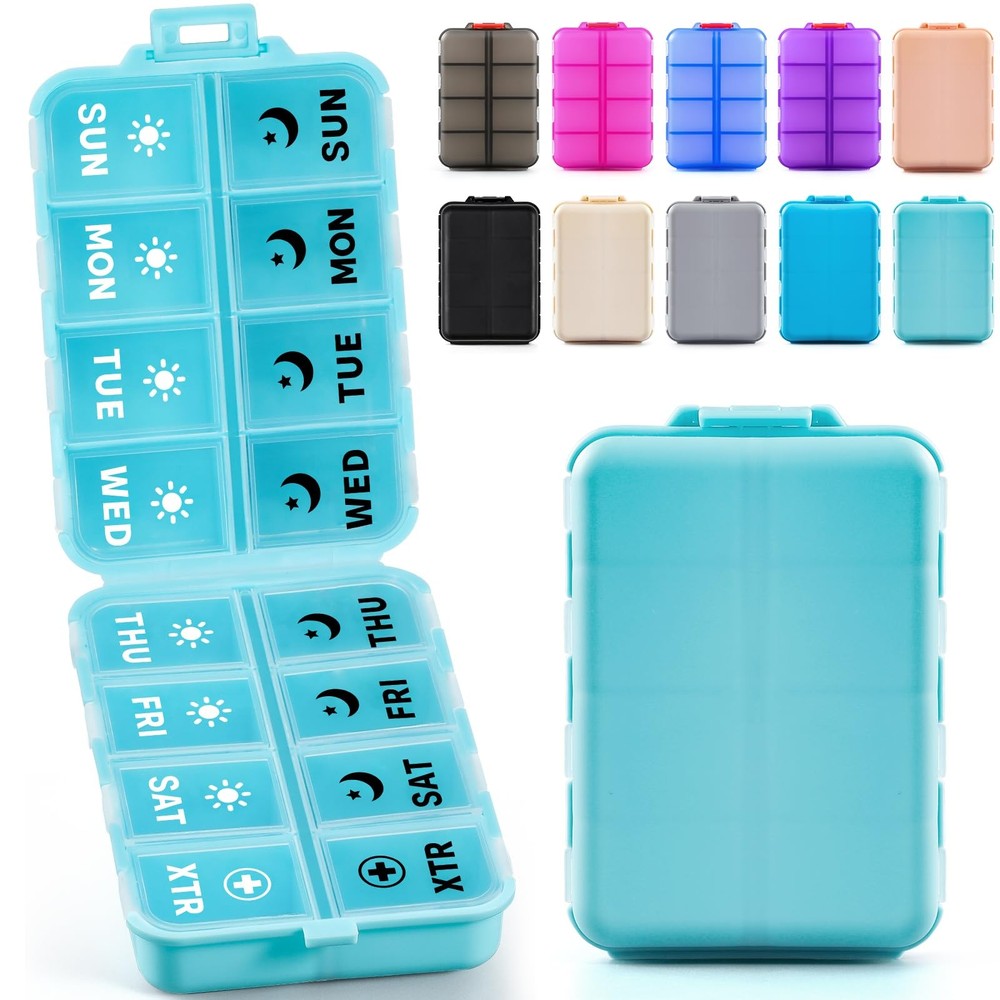 Foldable Weekly Pill Organizer 2 Times a Day with 2 AM & PM & EXTRA, Sky Blue