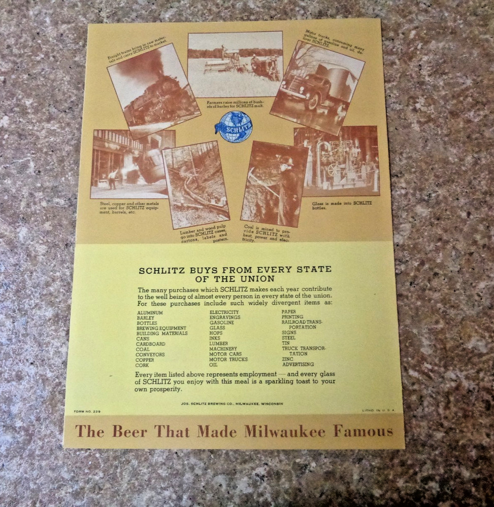 Schlitz Beer Menu Cover
