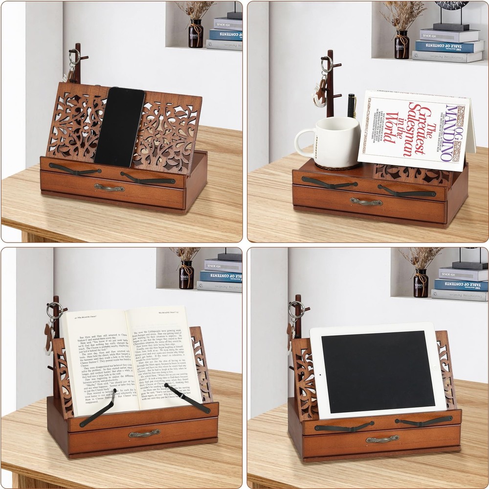 Adjustable Wooden Book Stand with Storage - Multi-Function Hands Free Book Ho...