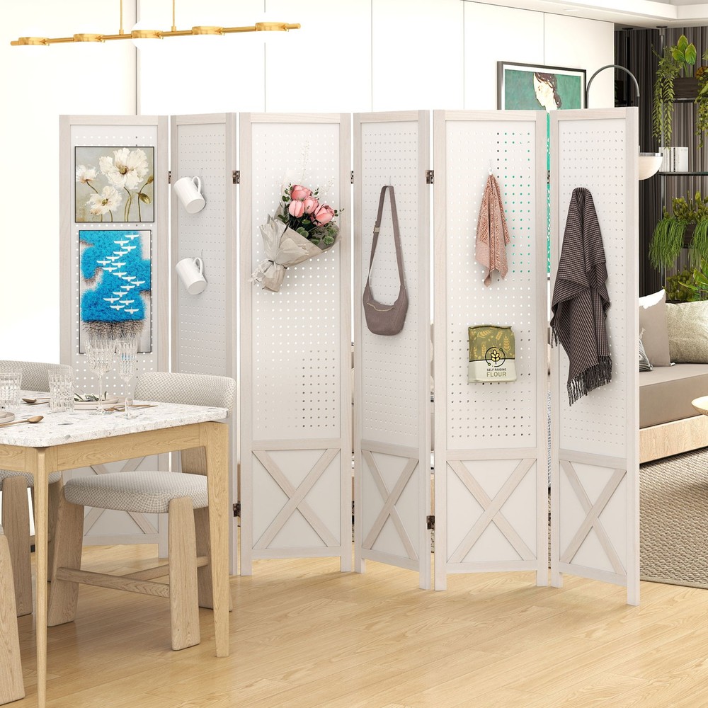 6-Panel Pegboard Room Divider, 67" Tall Foldable Privacy Screen, For Home, White
