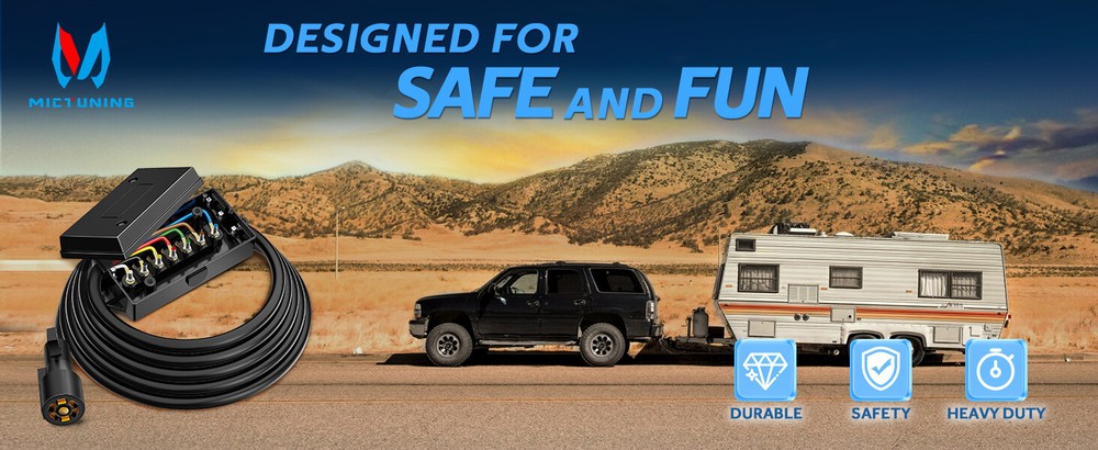 MICTUNING 8FT Trailer Cord with 7-Way Plug Inline Junction Box, Wiring Harness