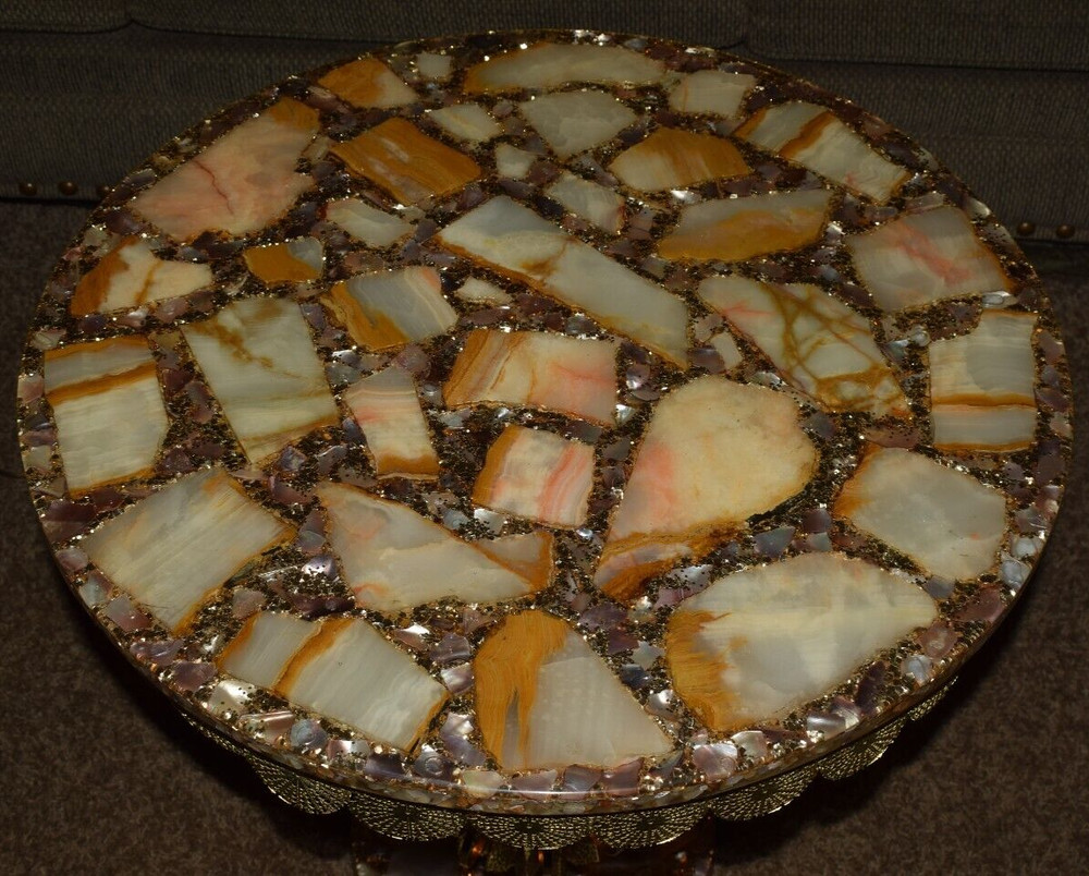 Vtg Pani MCM Abalone Hollywood Regency Table with Lights underneath & Prisms