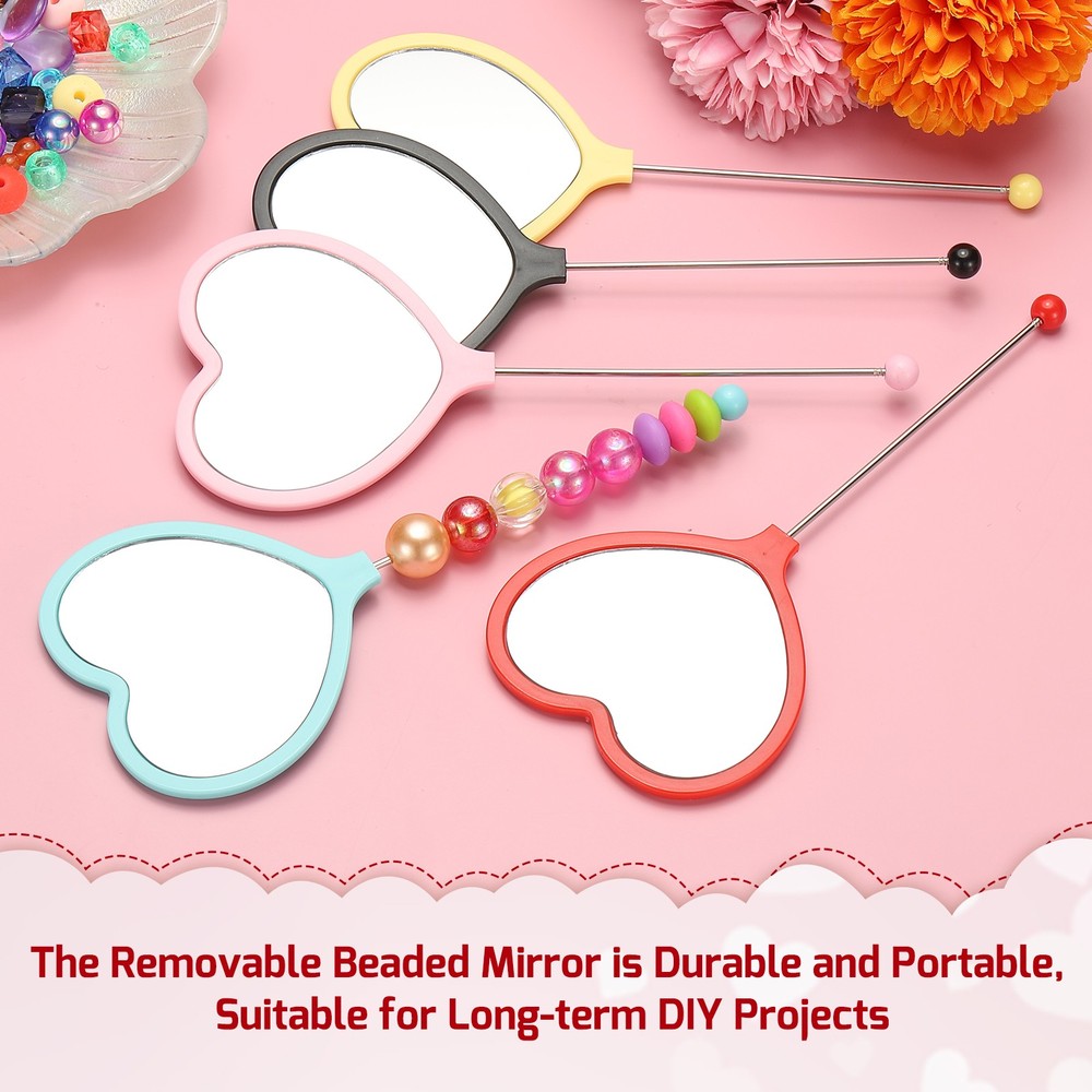 3 Pcs Beadable Mirrors with Handle 6.4" Heart Shape Bead Mirror Bars Light Beige