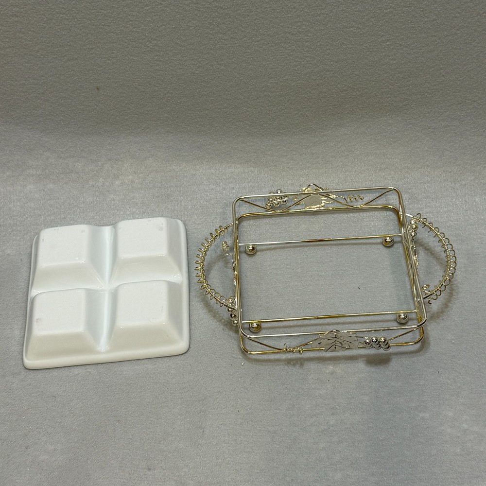 STUDIOSILVER Vintage Divided Ceramic Appetizer Dish Silver Metal Holder