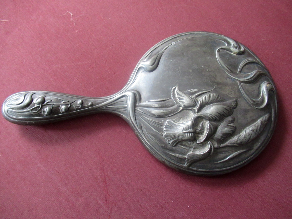 Vintage Silver Plated art nouveau Iris pattern Hand Mirror