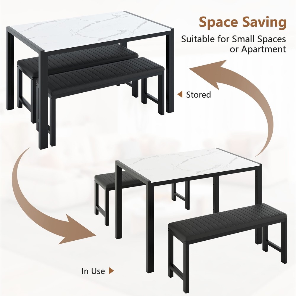 Modern 3-Piece Rectangular Dining Table 2 Upholstered Padded Dining Benches