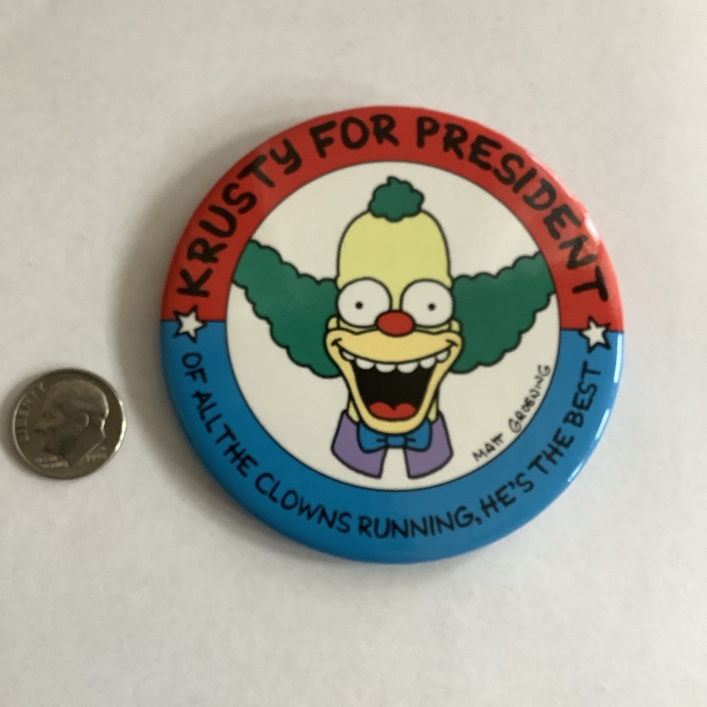 Krusty for President 3" Political Pinback Campaign Button
