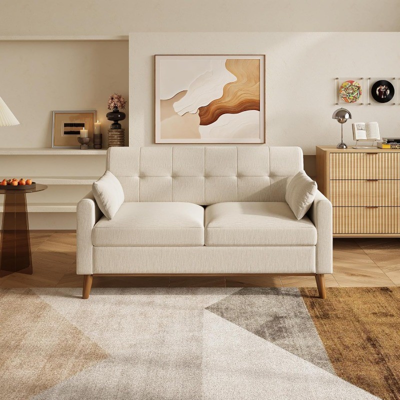 62" Loveseat Sofa Mid Century Modern Small Button Tufted Upholstered Couch