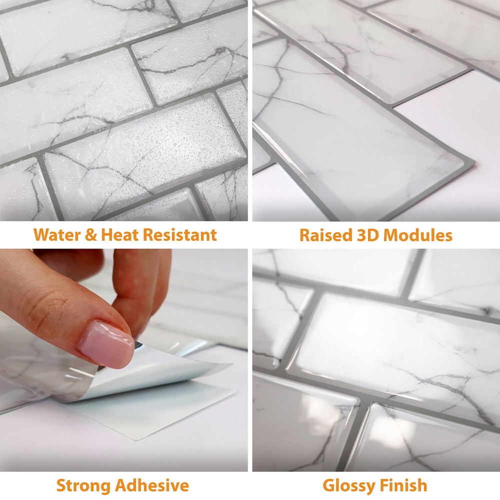 Peel and Stick Tile Backsplash 3D White Marble Glossy Tile Sticker Kitchen Decal