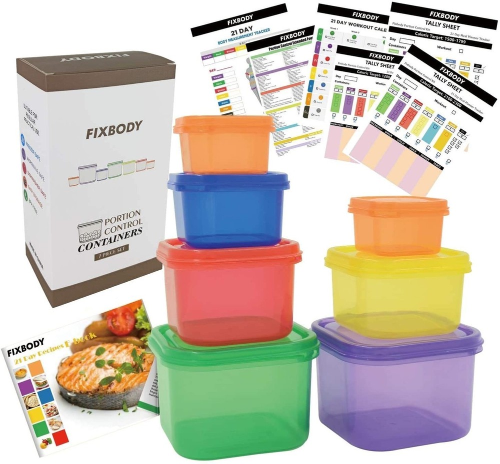 FIXBODY 7PCS Portion Control Containers, Color-Coded Labeled, 21 Day Lose Wei...