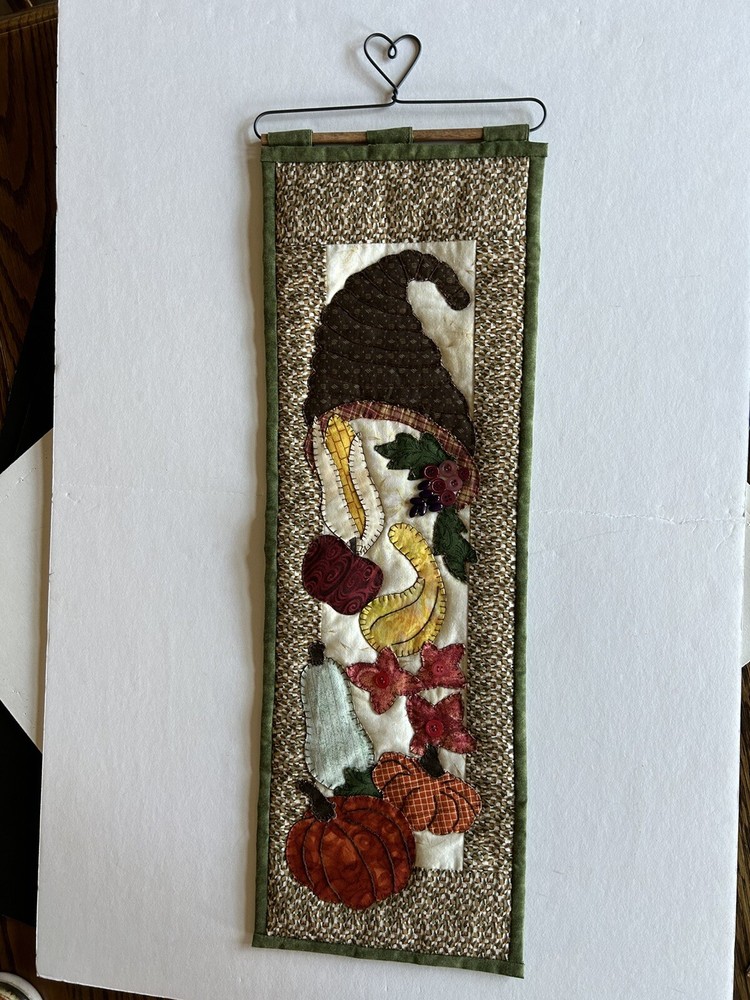 Hand Stitched Details On Fabric Fall Wall Hanging Cornucopia With Squash