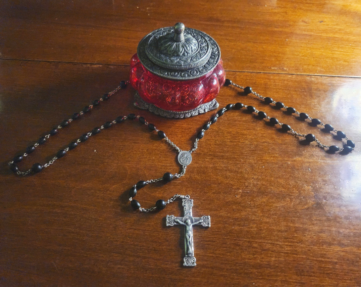Vintage Sterling Silver Celluloid Bead Rosary & Vtg Red Moroccan Blown Glass Box