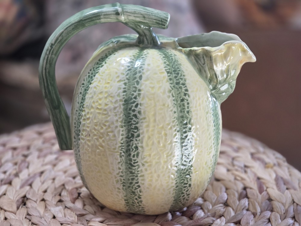 Studio Art Pitcher Leafy Melon Shaped Pitcher W/ Leafy Spout & Stem Handle