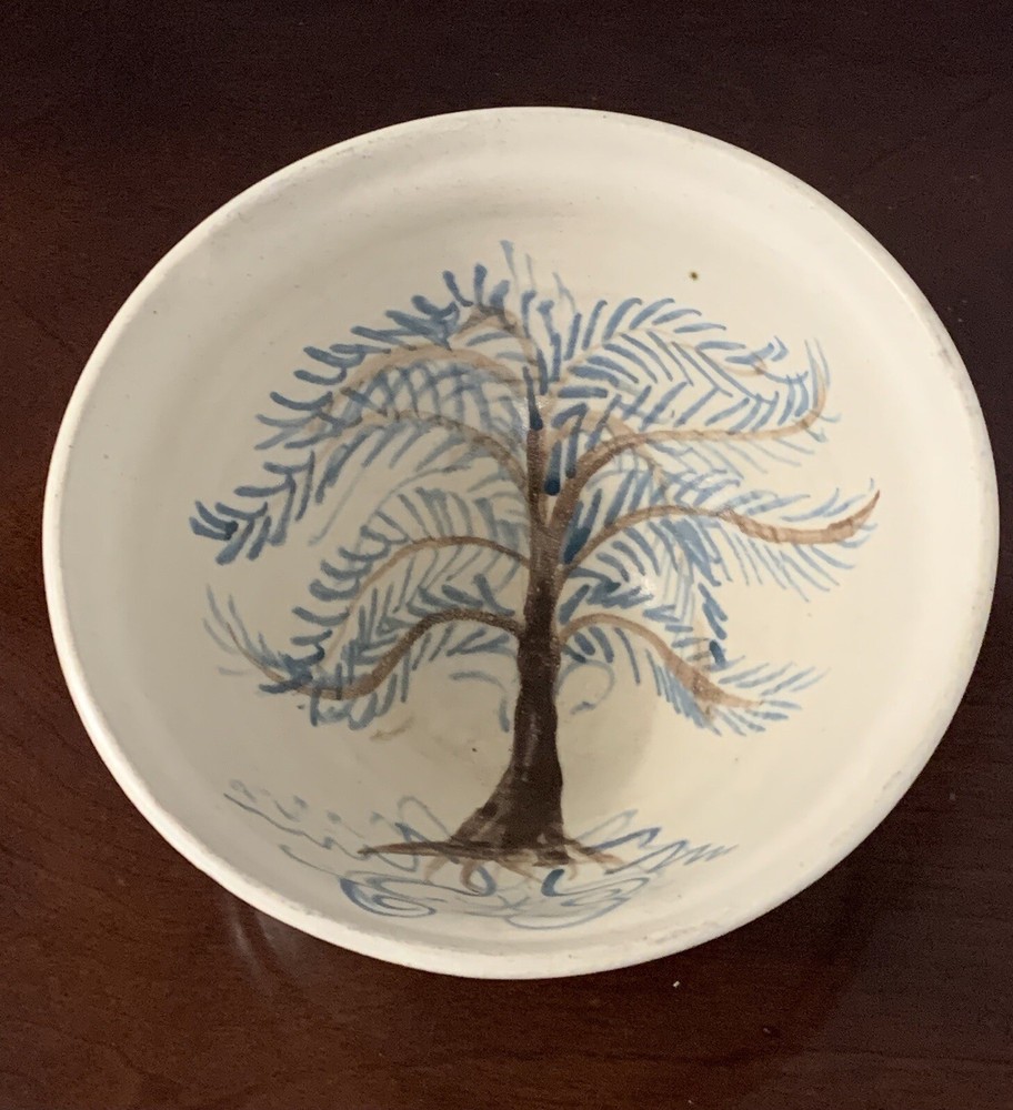 LS Pottery Footed Glazed &painted Tree Bowl 5”H x 8”W