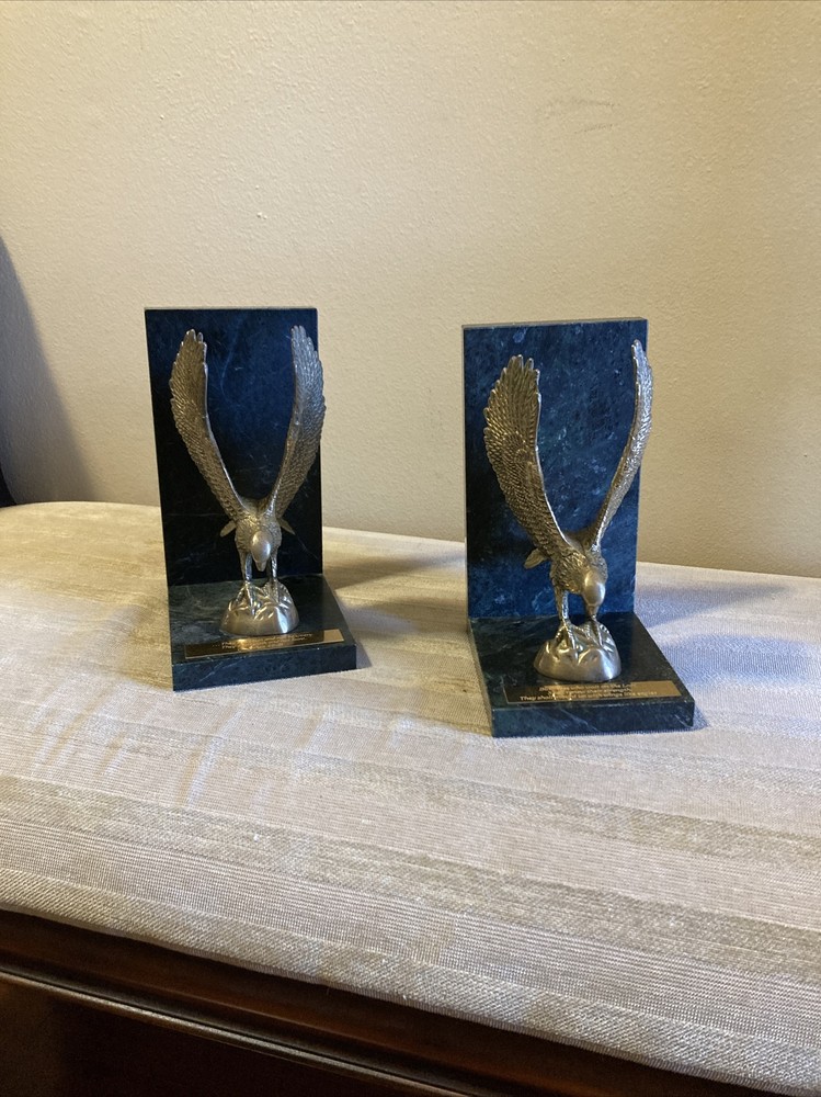 Pair Bronze Eagles Marble Bookends Holders Old Decor Statue Isaiah 40:31 Script