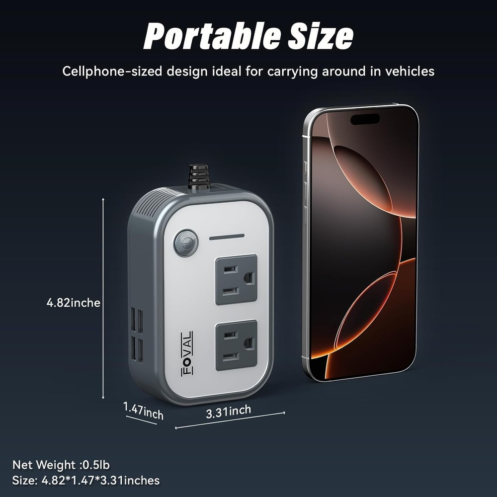 Lightweight 200W Inverter for Vehicles - 4 USB Ports for Efficient Charging