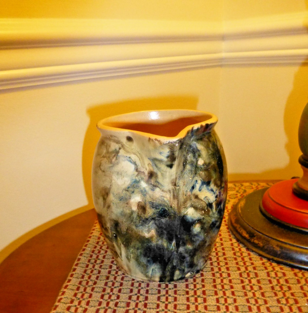 Antique Blue marbleized /sponge Yellowware Pitcher - Austria