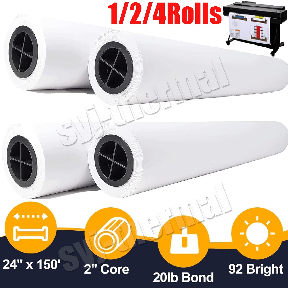 1/2/4 rolls 24" x 150' 20lb Bond Plotter Paper for Wide Format Inkjet Printers