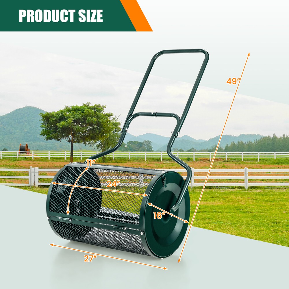 27" Compost Spreader Peat Moss Spreader Heavy Duty Garden Metal Mesh Roller
