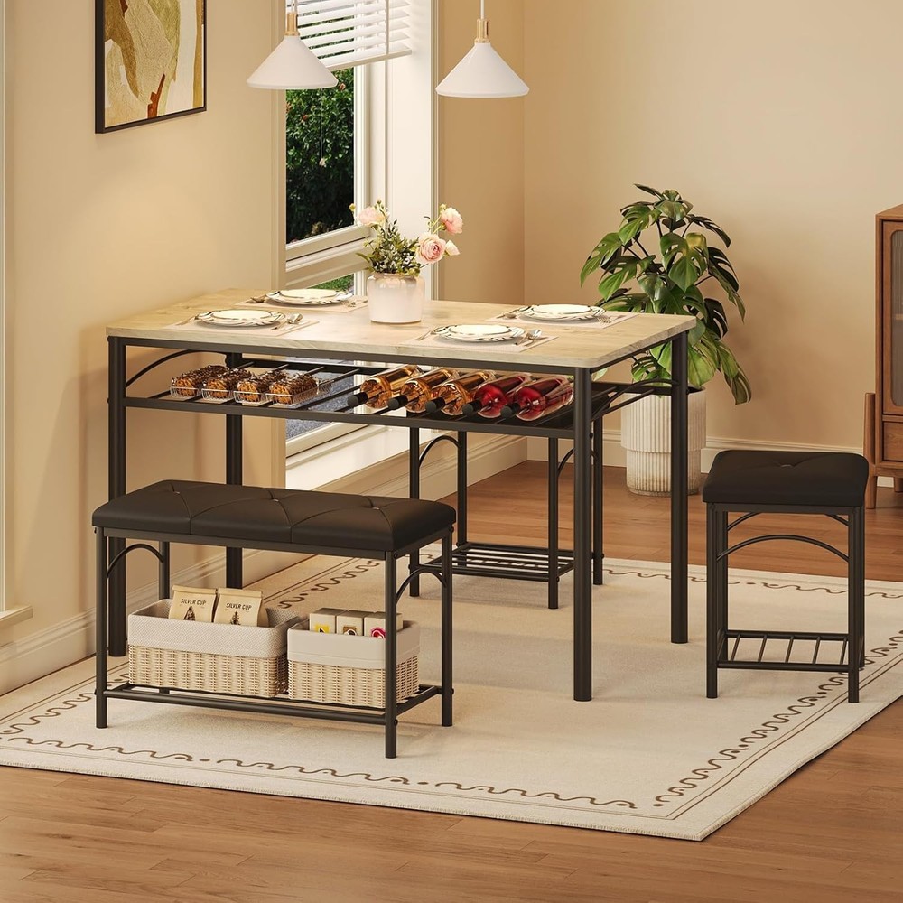 Set for 4 Dining Table Set Kitchen Table W Upholstered Bench and 2 Stools