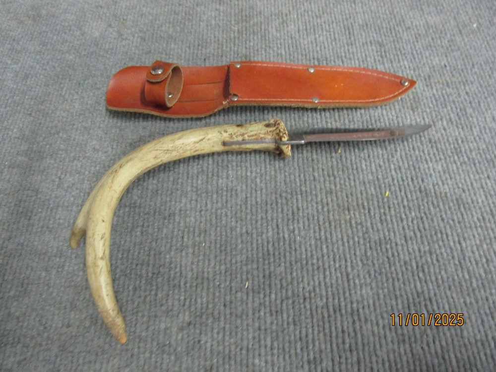 Antler Fixed Blade Handmade Knife w Leather Sheath