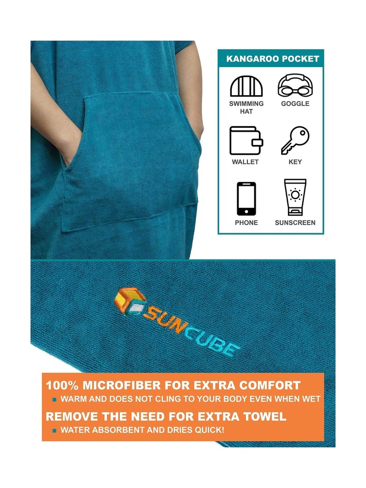 SUN CUBE Surf Poncho Changing Robe with Hood | Quick Dry Microfiber Wetsuit C...