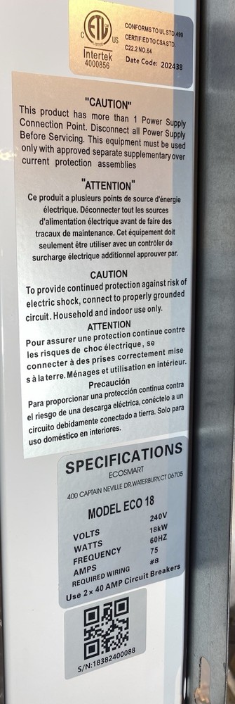 EcoSmart ECO 18 Electric Tankless Water Heater, 18 KW